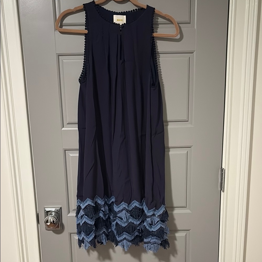 Anthropologie Navy Blue Mini Dress with Light Blue Chevron Trim